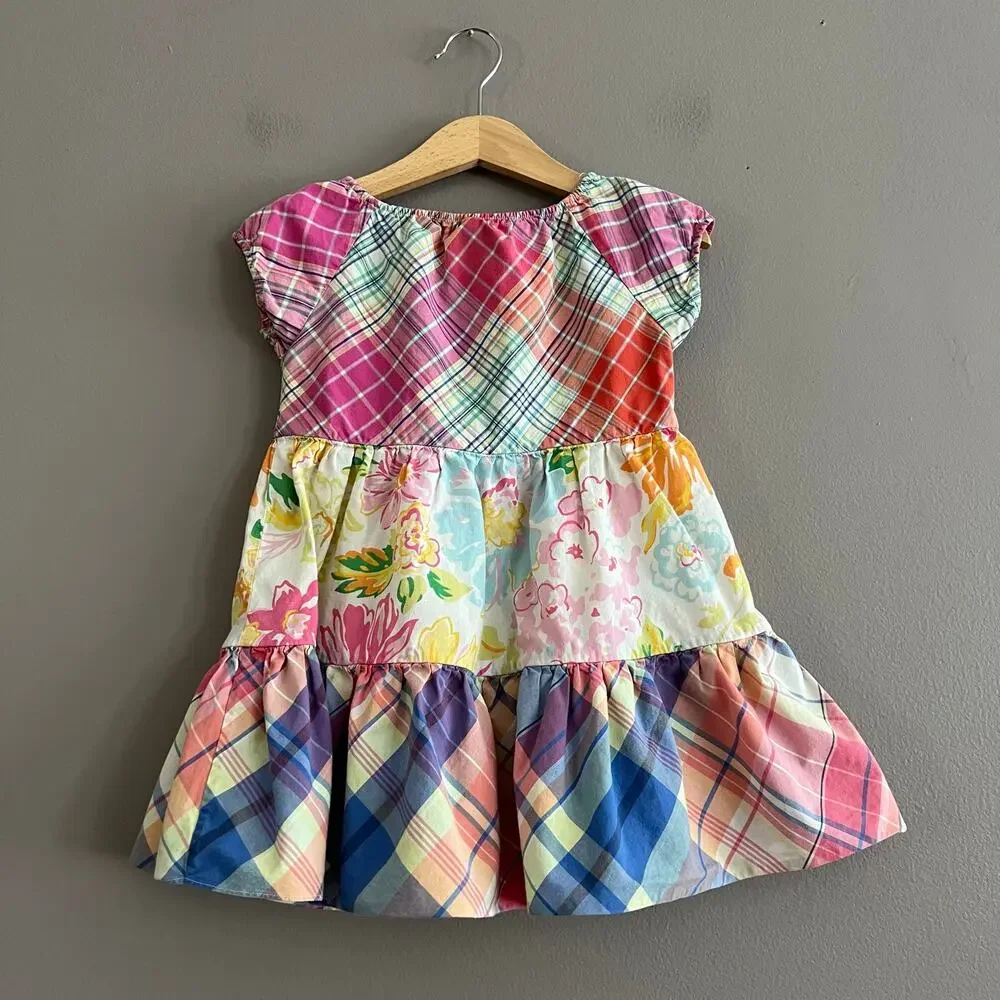 Ralph Lauren Baby Girls Dress 24M Plaid Floral Ruffle Short Sleeve Cotton